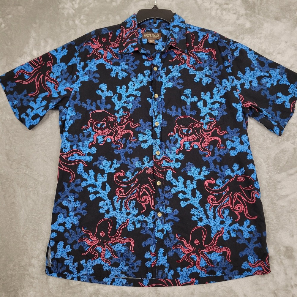 Cooke Street Men's Large Blue Pink Octopus Print Aloha Hawaiian Tropical Shirt